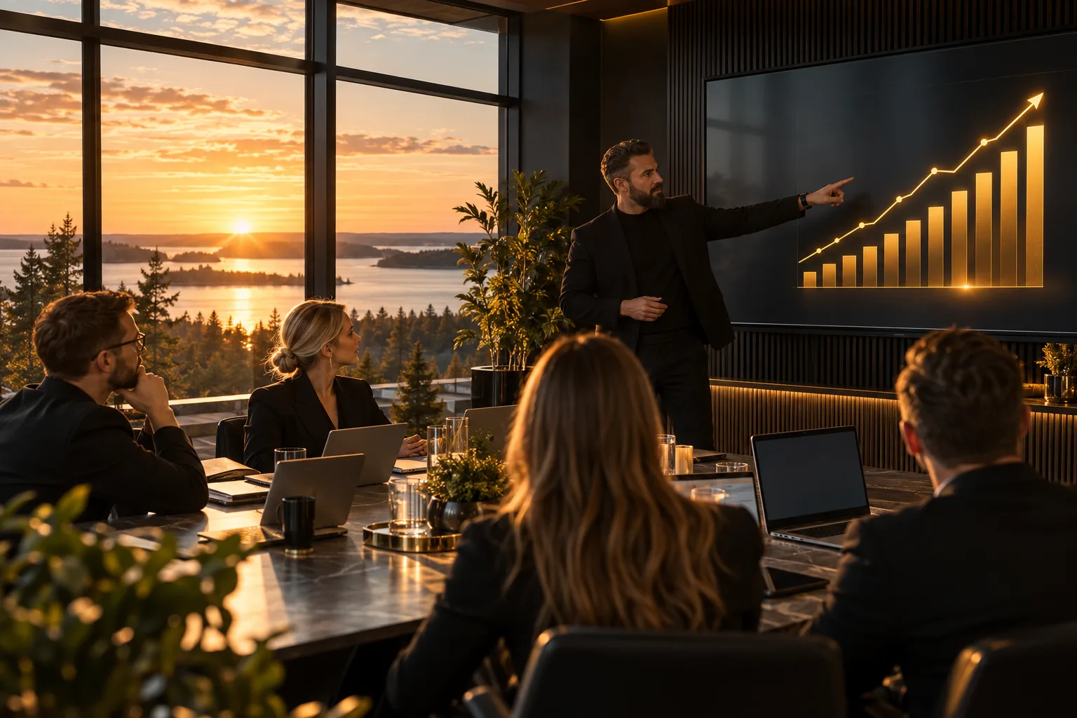Valmentaja esittelee myyntitiimille nousevaa tuloskäyrää neuvotteluhuoneessa auringonlaskun aikaan
