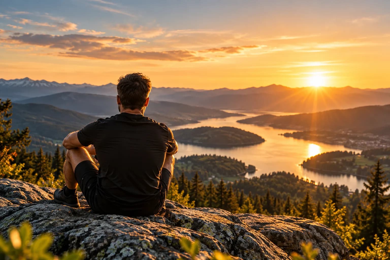 Mies istuu kalliolla ja katselee auringonlaskua järvimaiseman yllä